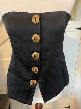 Zara Black Strapless Corset Bustier Top Gold Sculptural Buttons Size M